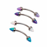 Colorful opal and titanium push fit curve body jewelry in 14g, 16g, and 18g sizes by Body Clickers, featuring cone-shaped designs.