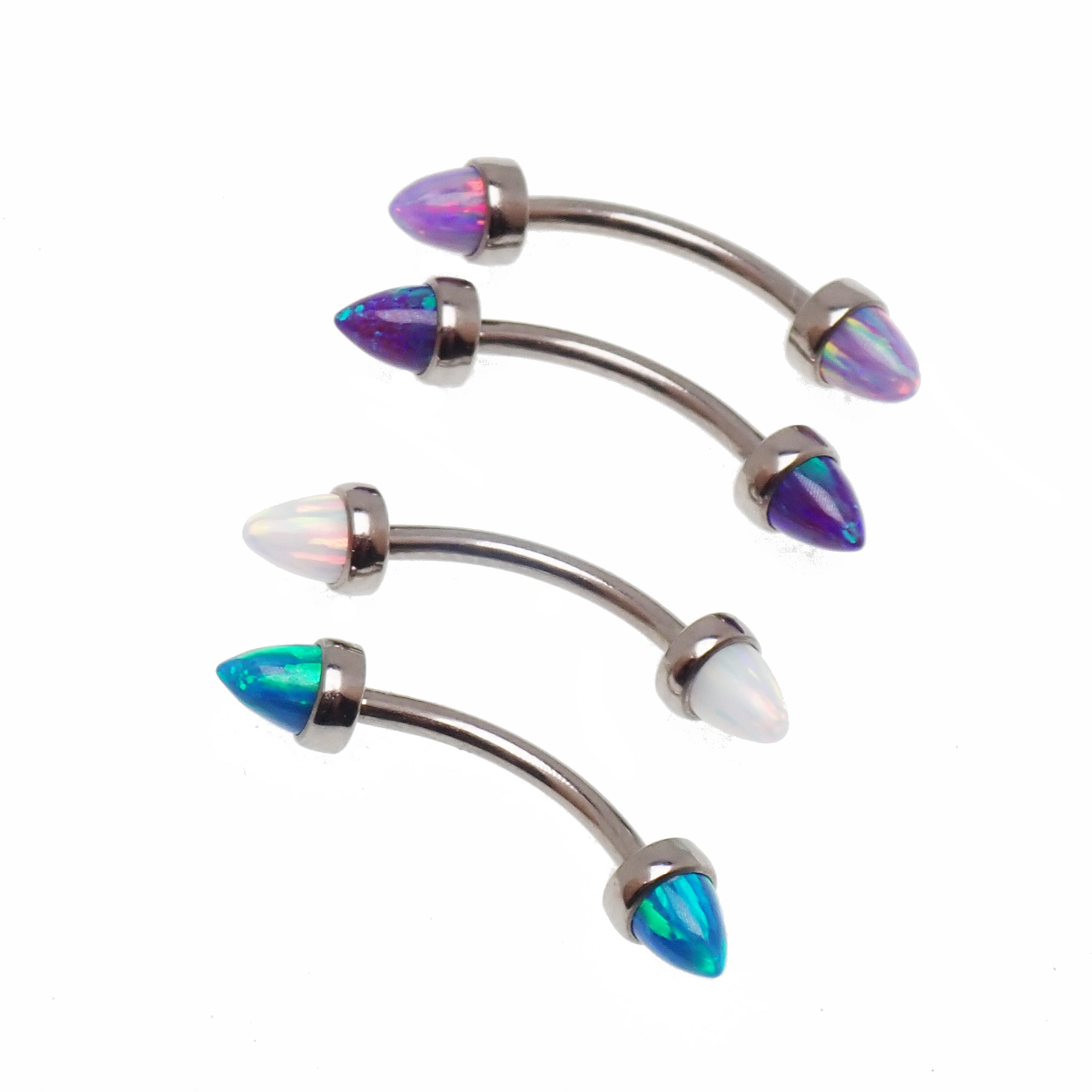 Colorful opal and titanium push fit curve body jewelry in 14g, 16g, and 18g sizes by Body Clickers, featuring cone-shaped designs.