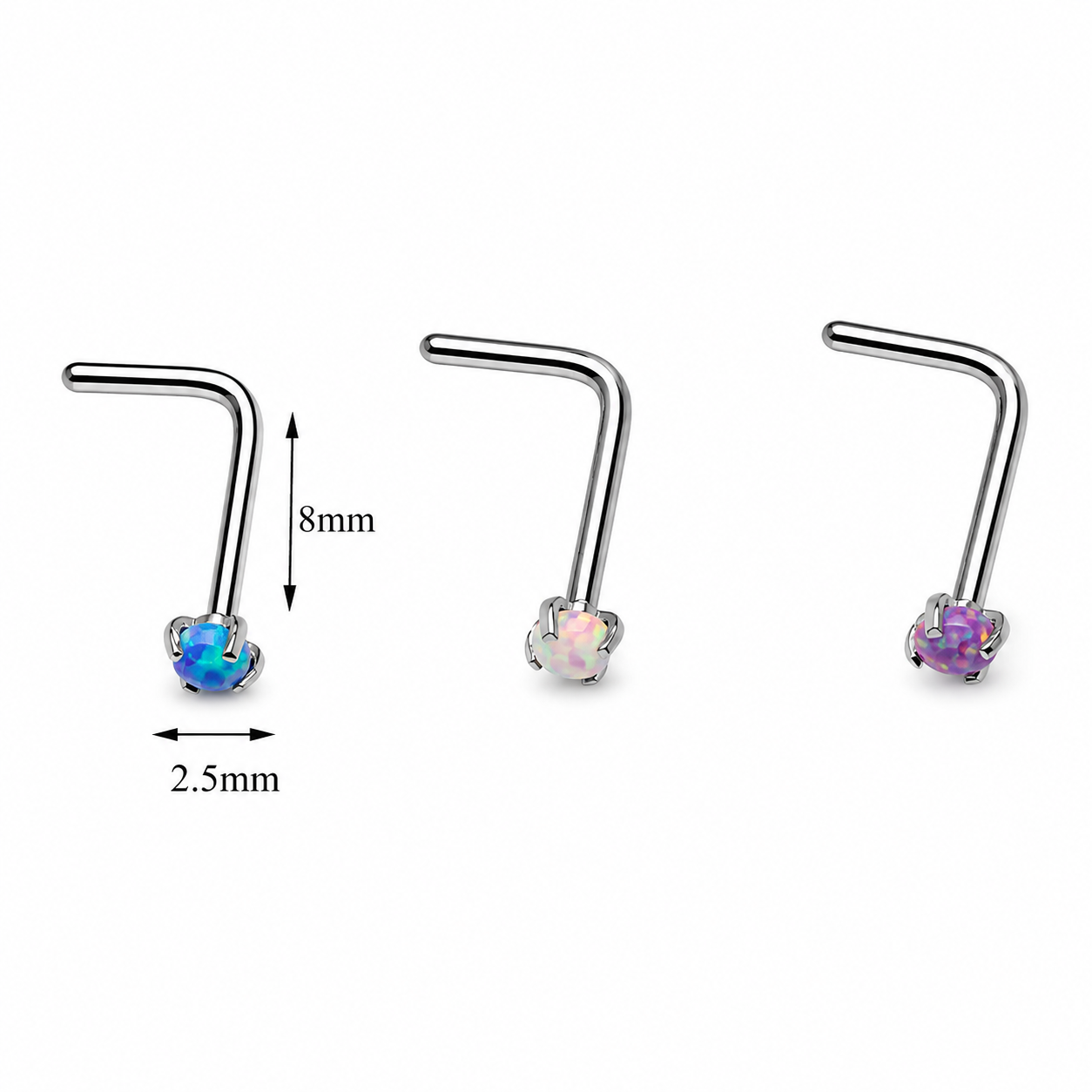 Set of 3 - Nose L-Curves Multi Lavender, Peacock, & White Opal 20g