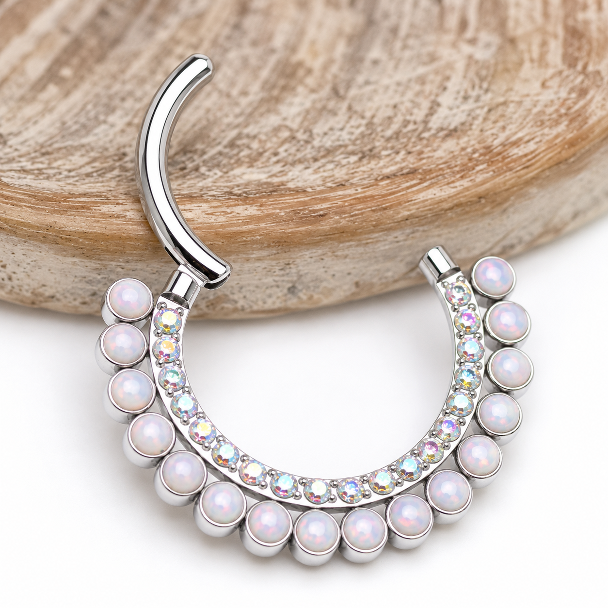 White Opal & AB CZ Titanium Clicker 16g