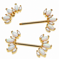 Clear CZ & White Opal Gold-Dipped Steel Nipple Bar 14g