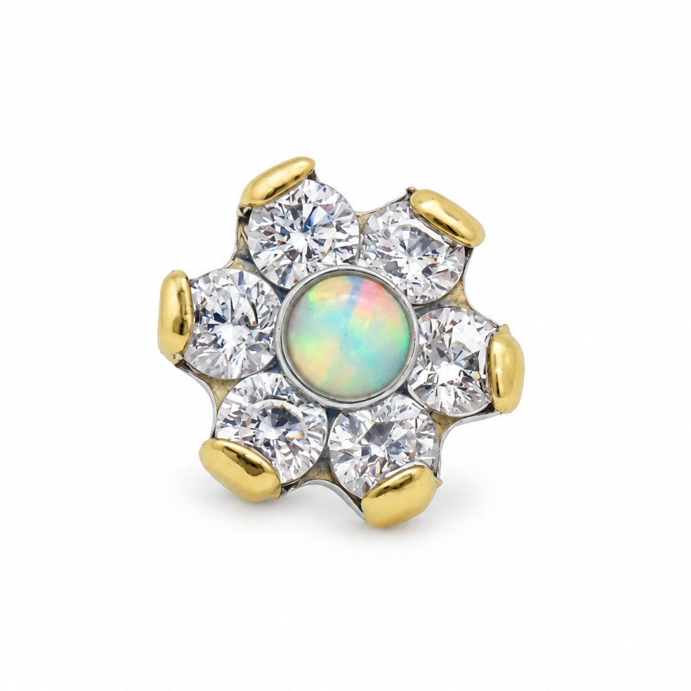 Titanium Cubic Zirconia Flower with Opal Center, Dermal Top, 14g