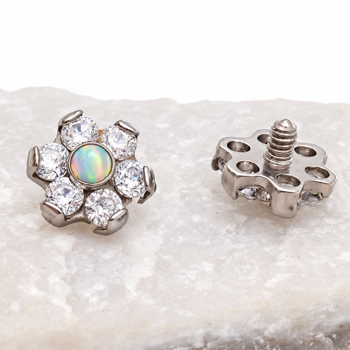 Titanium Cubic Zirconia Flower with Opal Center, Dermal Top, 14g