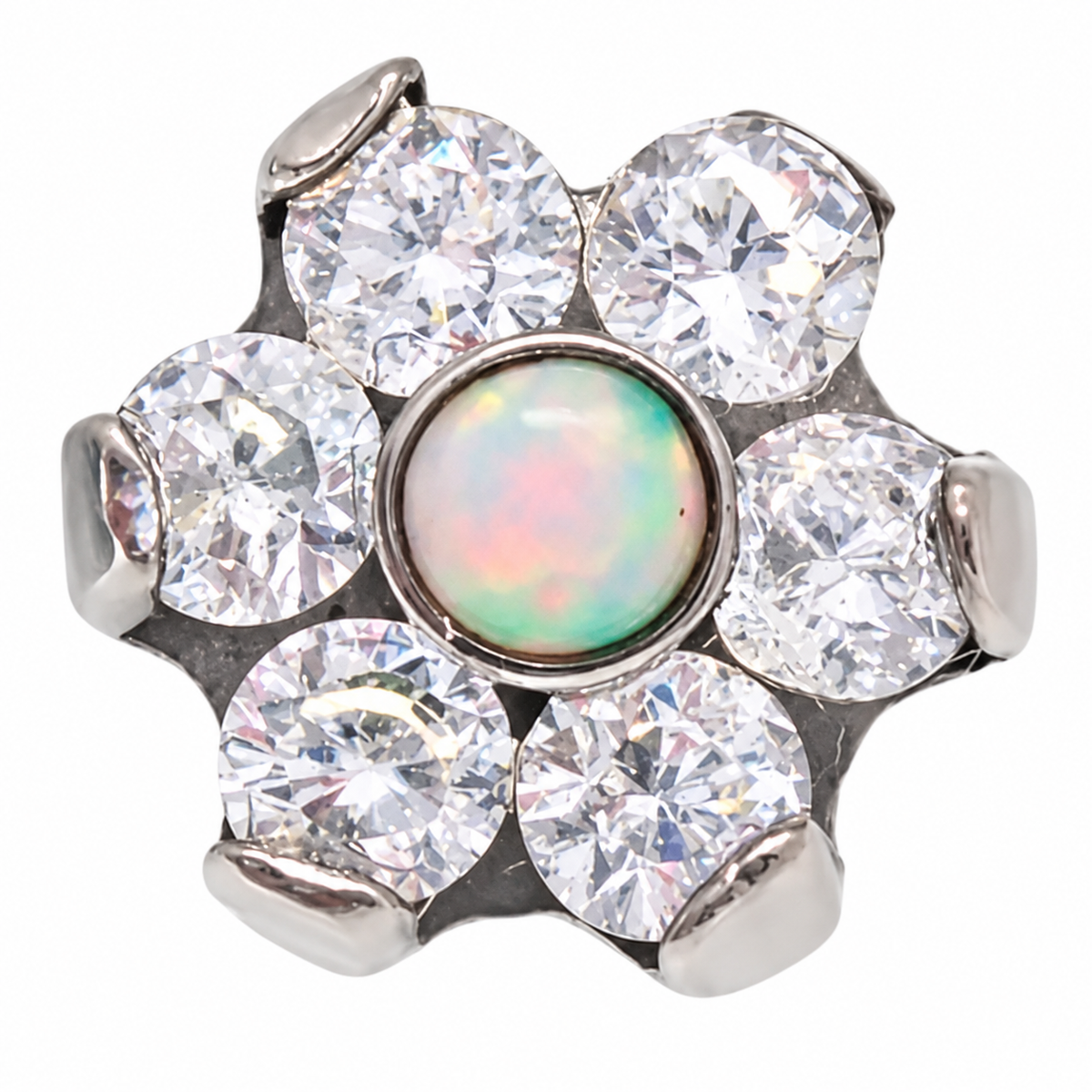 Titanium Cubic Zirconia Flower with Opal Center, Dermal Top, 14g