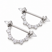 Pair of Body Clickers titanium CZ shield nipple ring bars with cone accents, internally threaded, 14mm and 16mm lengths.