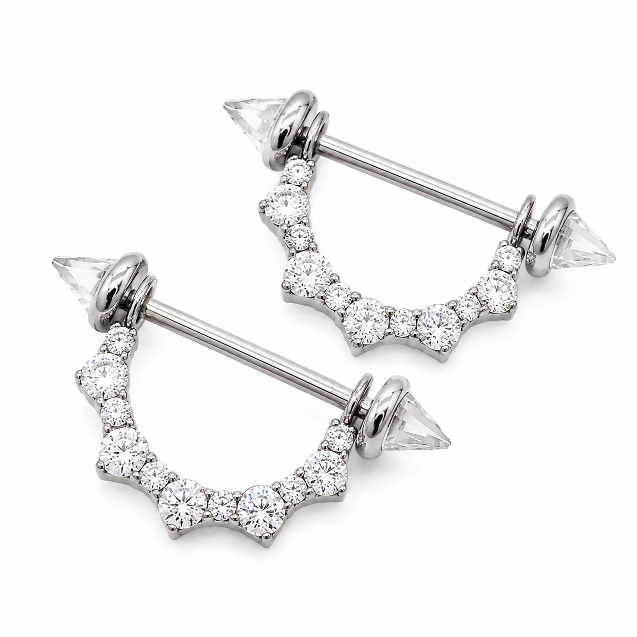 Pair of Body Clickers titanium CZ shield nipple ring bars with cone accents, internally threaded, 14mm and 16mm lengths.