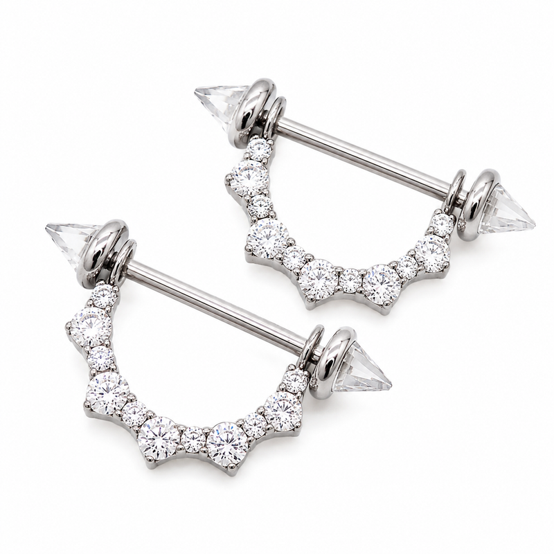 Pair of Body Clickers titanium CZ shield nipple ring bars with cone accents, internally threaded, 14mm and 16mm lengths.