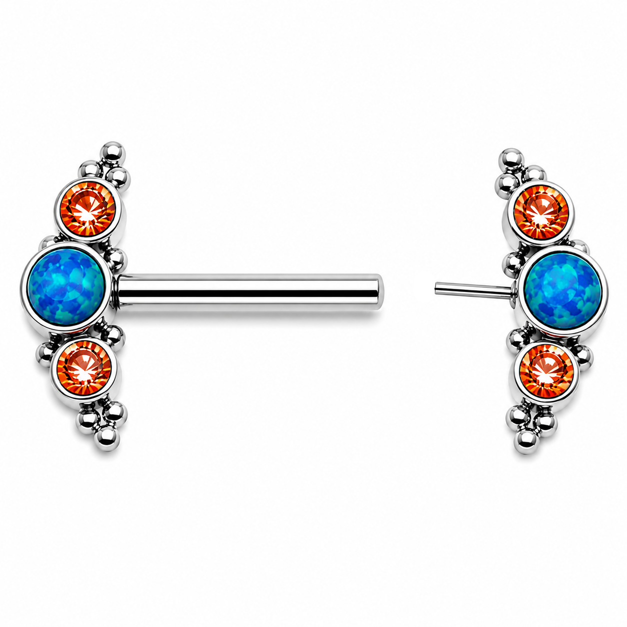 Peacock Opal & Orange CZ Push Fit Nipple Bar 16g, 14g, 12g