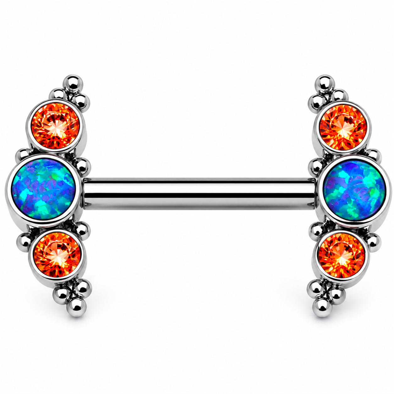 Peacock Opal & Orange CZ Push Fit Nipple Bar 16g, 14g, 12g
