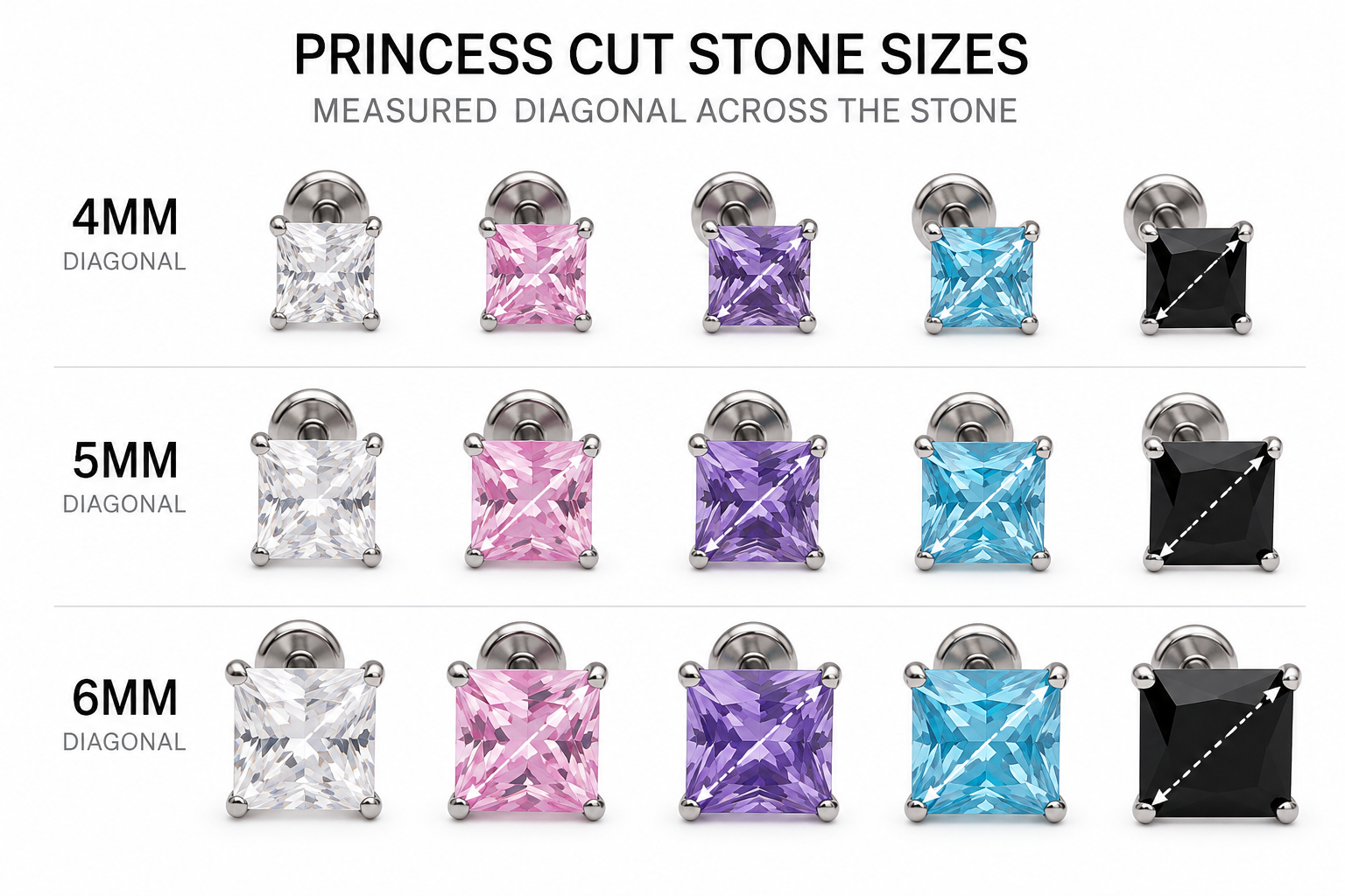 Princess Cut CZ titanium Threadless flatback