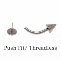 Titanium push fit curve body jewelry with flat and spiked ends in 14g, 16g, and 18g sizes, featuring a sleek design.