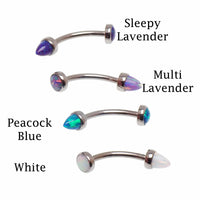 Body Clickers Opal & Titanium Push Fit Curve body jewelry with flat opal ends and colorful cone accents in 14g, 16g, and 18g sizes.