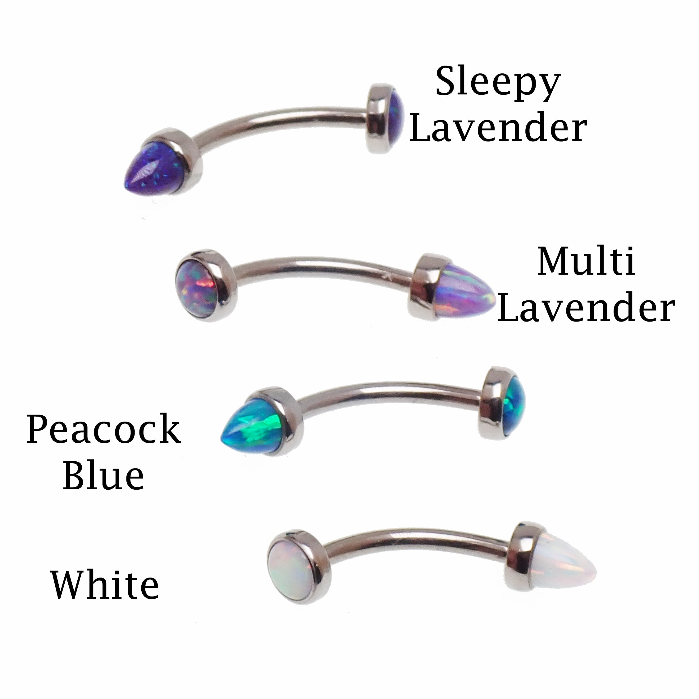 Body Clickers Opal & Titanium Push Fit Curve body jewelry with flat opal ends and colorful cone accents in 14g, 16g, and 18g sizes.