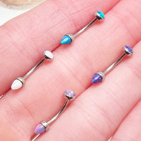 Body Clickers opal and titanium push-fit curve body jewelry with flat and cone ends, available in 14g, 16g, and 18g sizes.