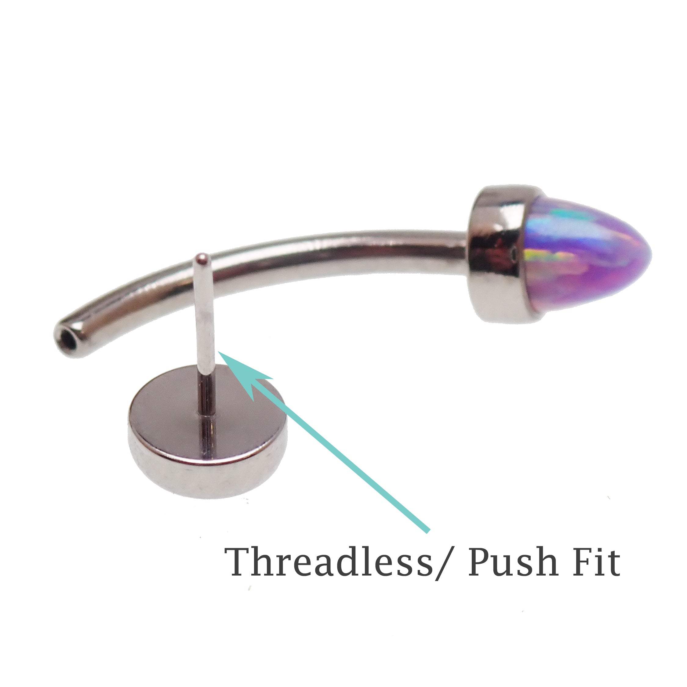 Body Clickers opal and titanium push fit curve body jewelry in 14g, 16g, and 18g with a threadless design.