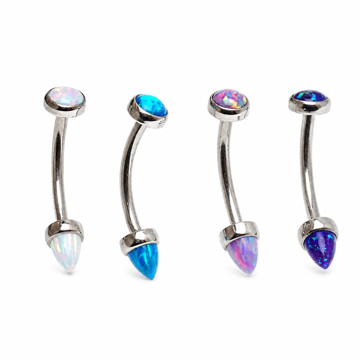 Body Clickers opal and titanium push fit curved body jewelry in 14g, 16g, and 18g sizes, featuring vibrant opal stones.
