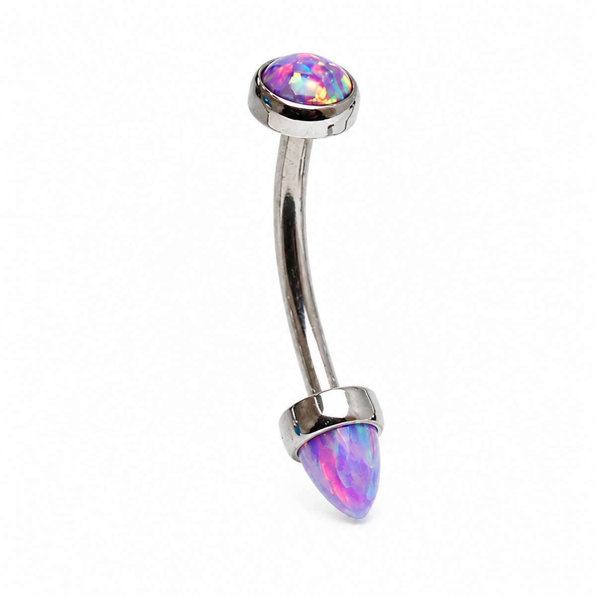 Body Clickers opal and titanium push fit curved body jewelry in multiple gauges, featuring colorful opal stones and smooth design.