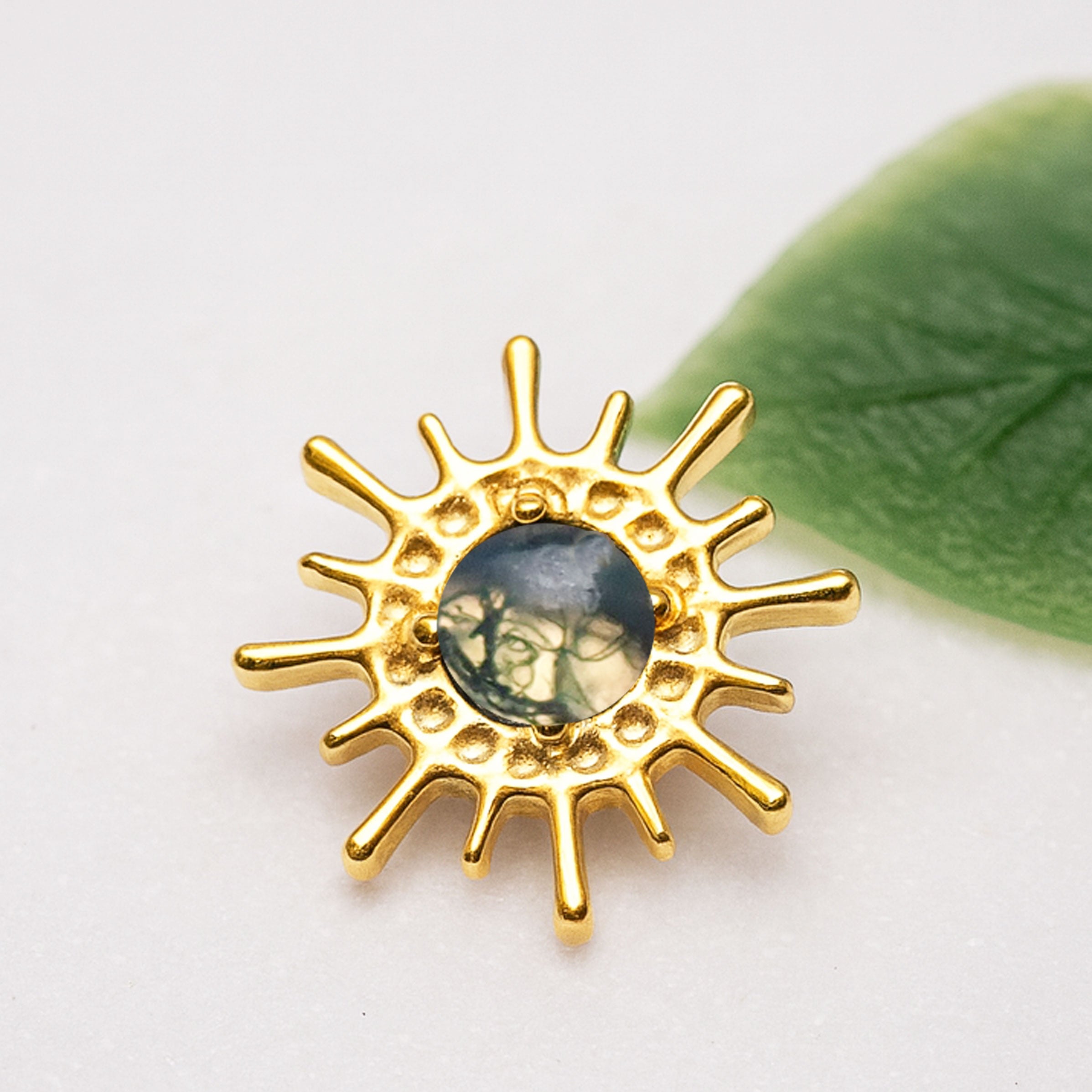 Moss agate pvd Gold Sun flatback Implant Titanium