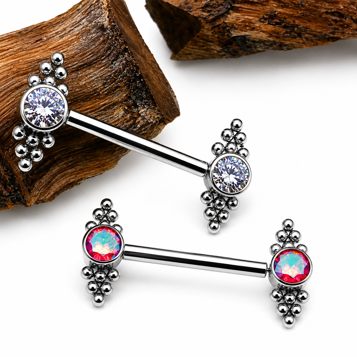 Clear/Red CZ Beaded Cluster Bar 14g, 16g