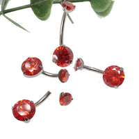 Red Ruby CZ prong belly ring, 14g body jewelry with sparkling cubic zirconia, from Body Clickers Body Jewelry.