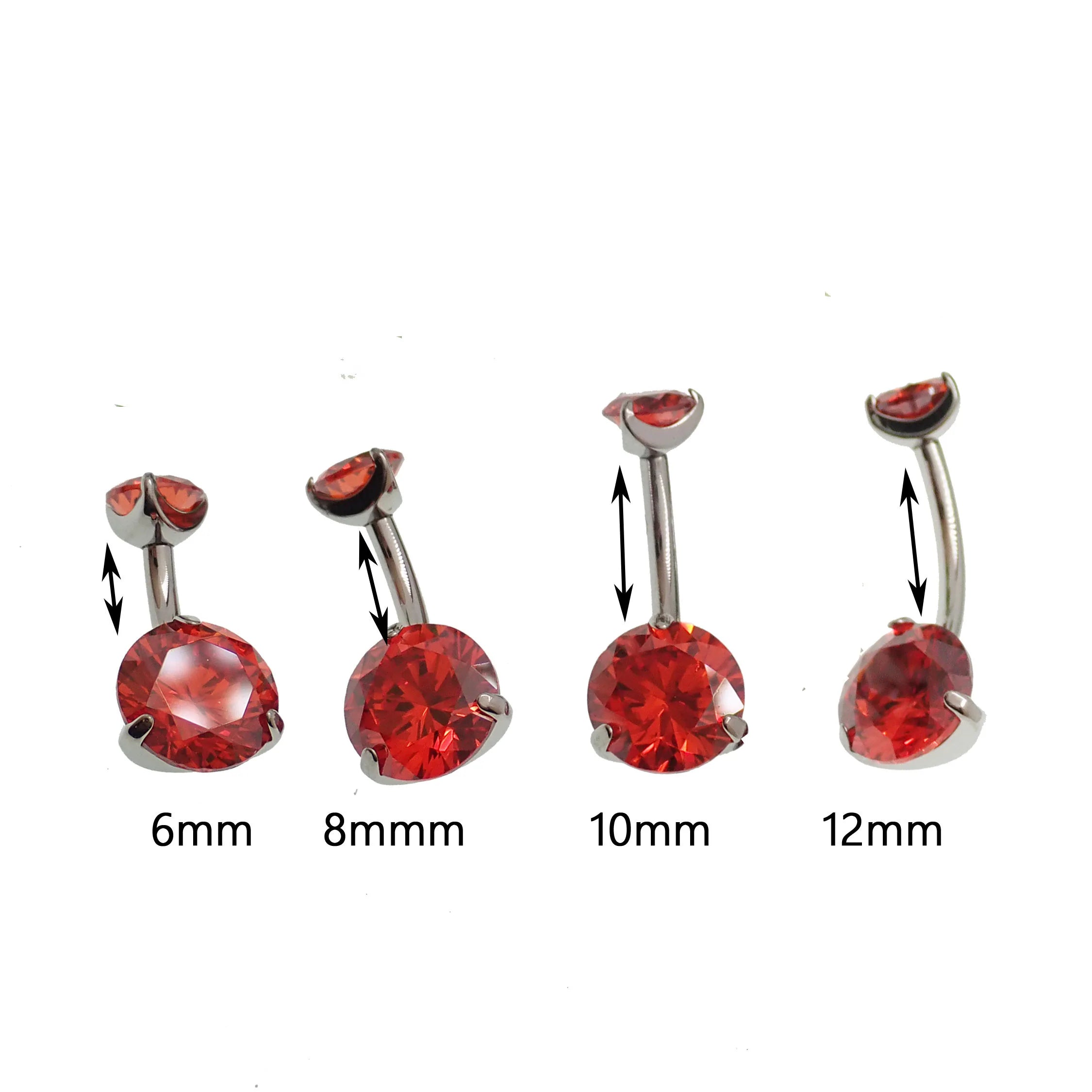Red cubic zirconia prong belly ring in 14g body jewelry with sparkling gemstone and silver-tone finish.