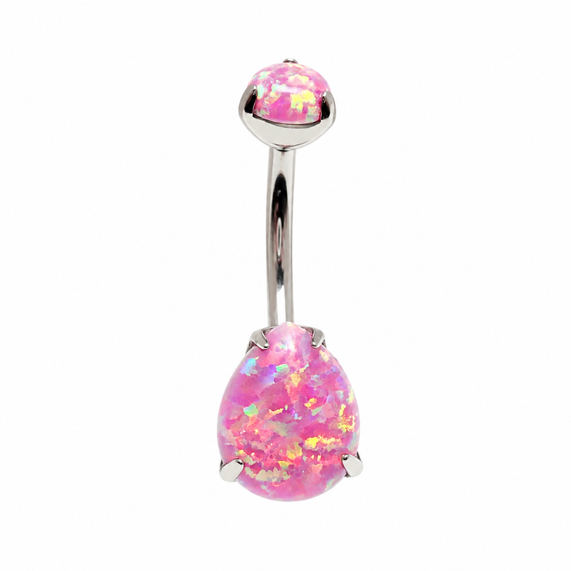 Rose pink teardrop-shaped opal belly ring in 14g body jewelry with a 10mm bar from Body Clickers Body Jewelry