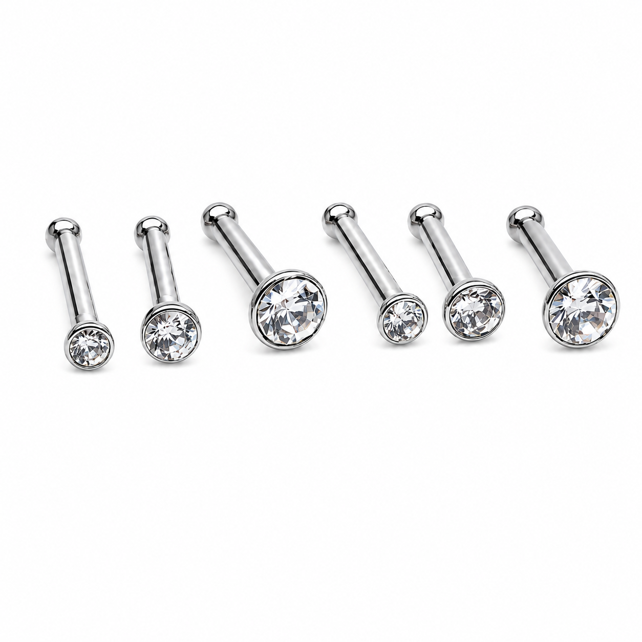 Set of 6 CZ Steel Nose Studs 18g