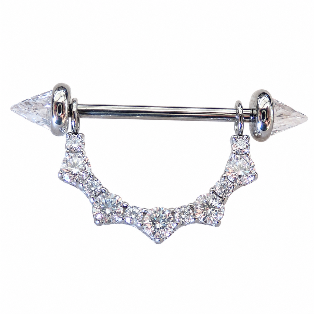 Titanium CZ Shield nipple ring barbell with cone ends, internally threaded, 14mm or 16mm, body jewelry for piercing.