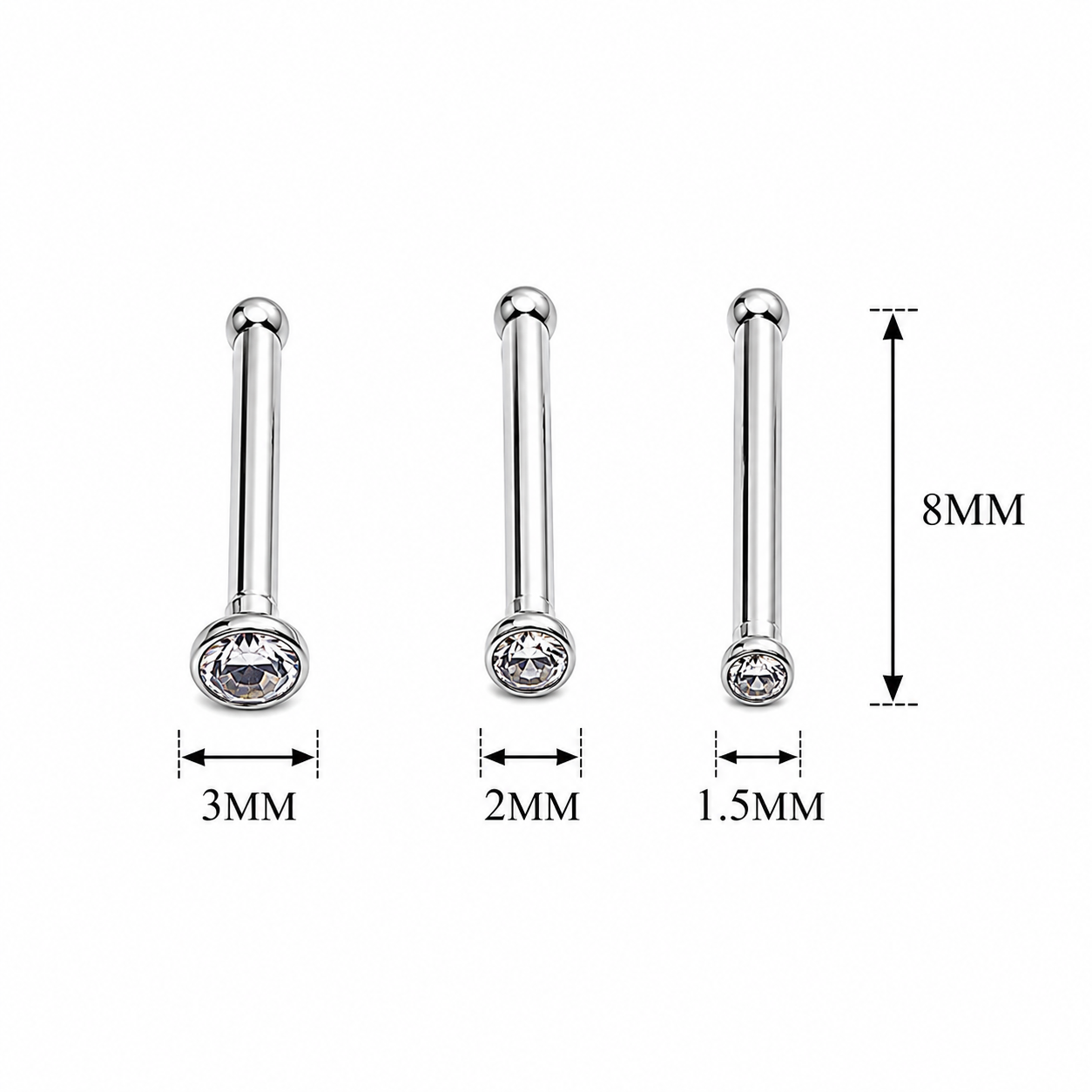 Set of 6 CZ Steel Nose Studs 18g