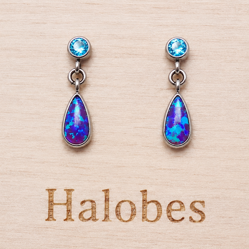 Implant grade Titanium Sleepy Lavender Opal/ Aqua CZ- Pair 20g Earrings
