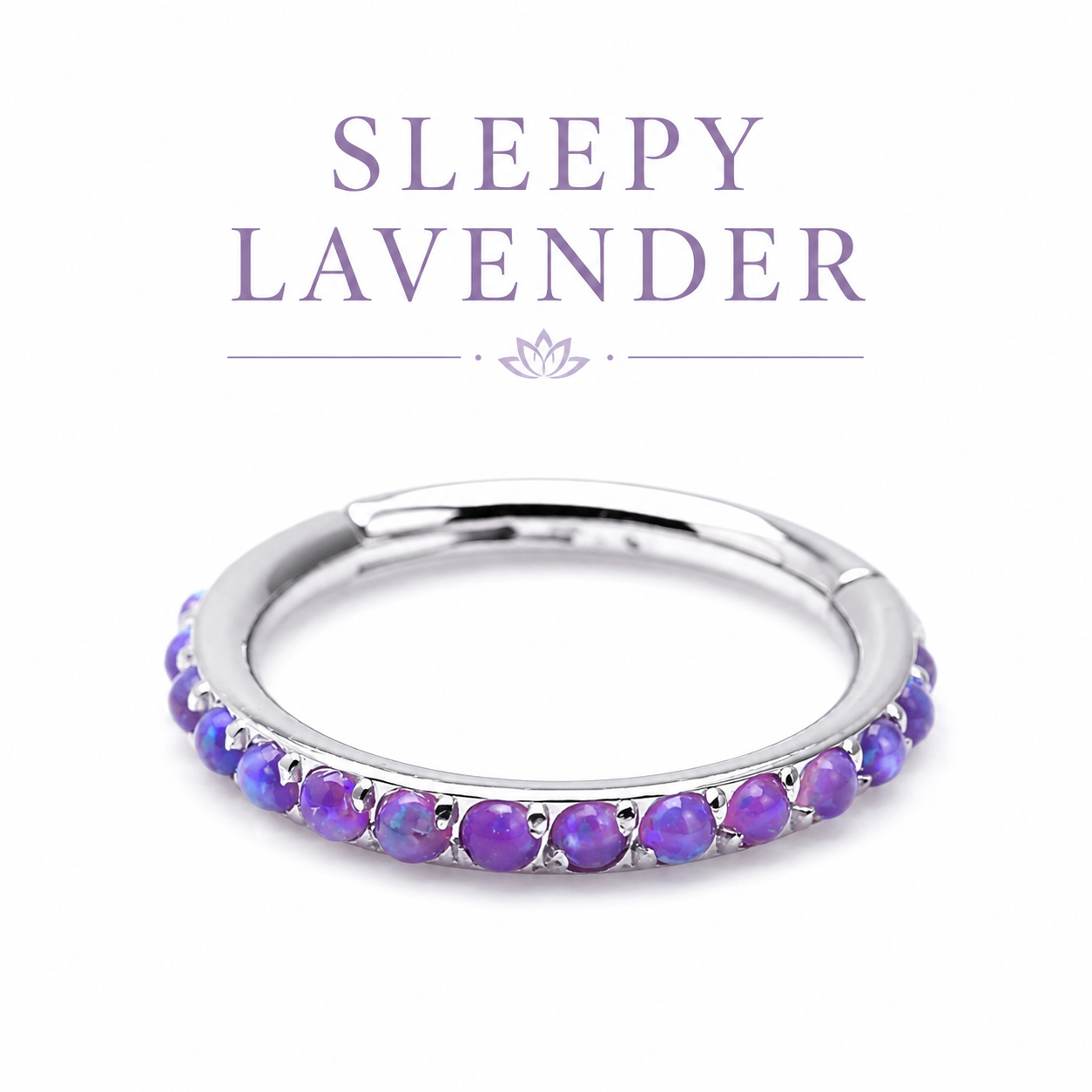 Silver ring with purple stones on a white background with 'Sleepy Lavender' text.