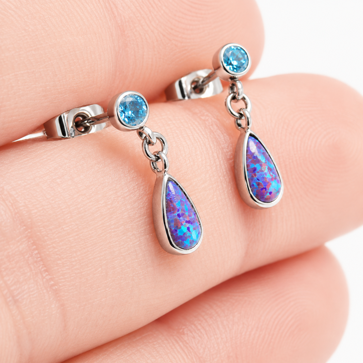 Implant grade Titanium Sleepy Lavender Opal/ Aqua CZ- Pair 20g Earrings