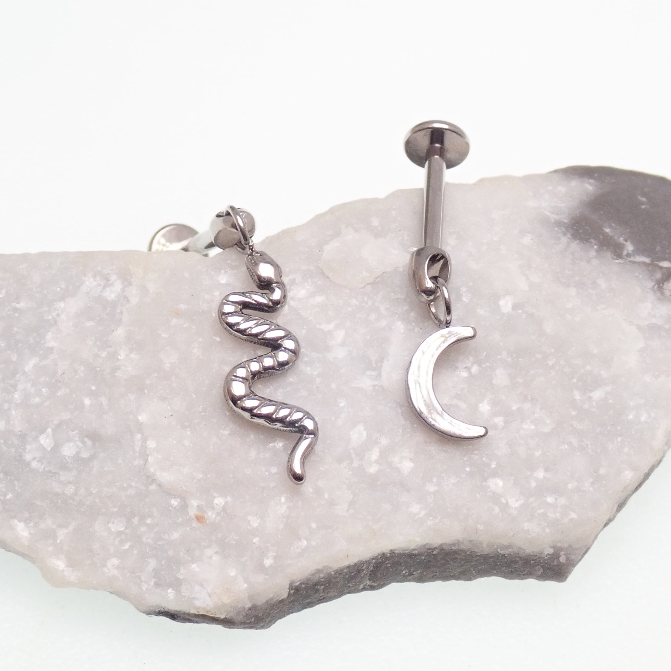 Titanium Dangly Snake & Moon Hidden Helix Flatback Piercing 0.9mm Thread