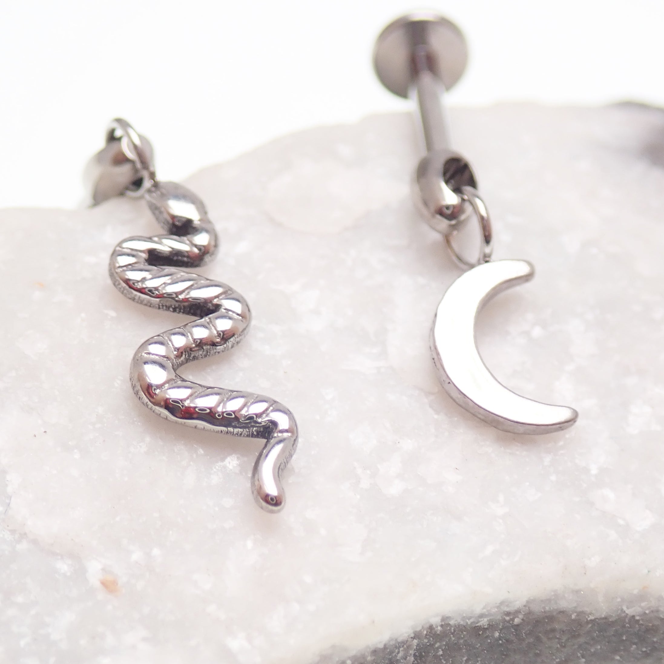 Titanium Dangly Snake & Moon Hidden Helix Flatback Piercing 0.9mm Thread
