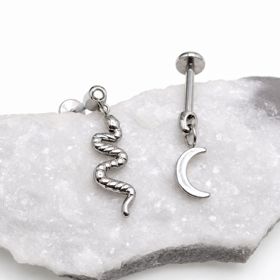 Titanium Dangly Snake & Moon Hidden Helix Flatback Piercing 0.9mm Thread