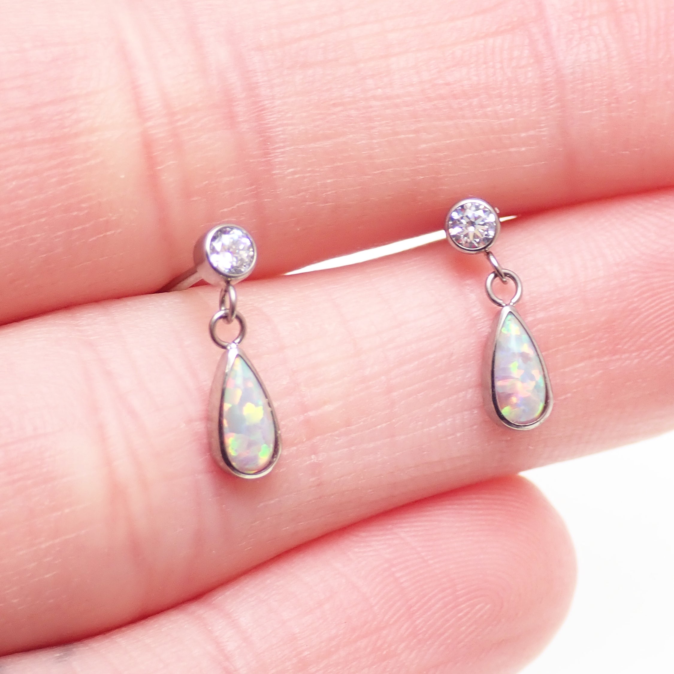 Implant Grade Titanium Snowflower Opal CZ Dangly Earrings - 20g Sold in Pairs