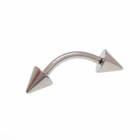 Titanium push fit curved barbell with spikes in 14g, 16g, and 18g body jewelry by Body Clickers, shown with curved design and spikes.