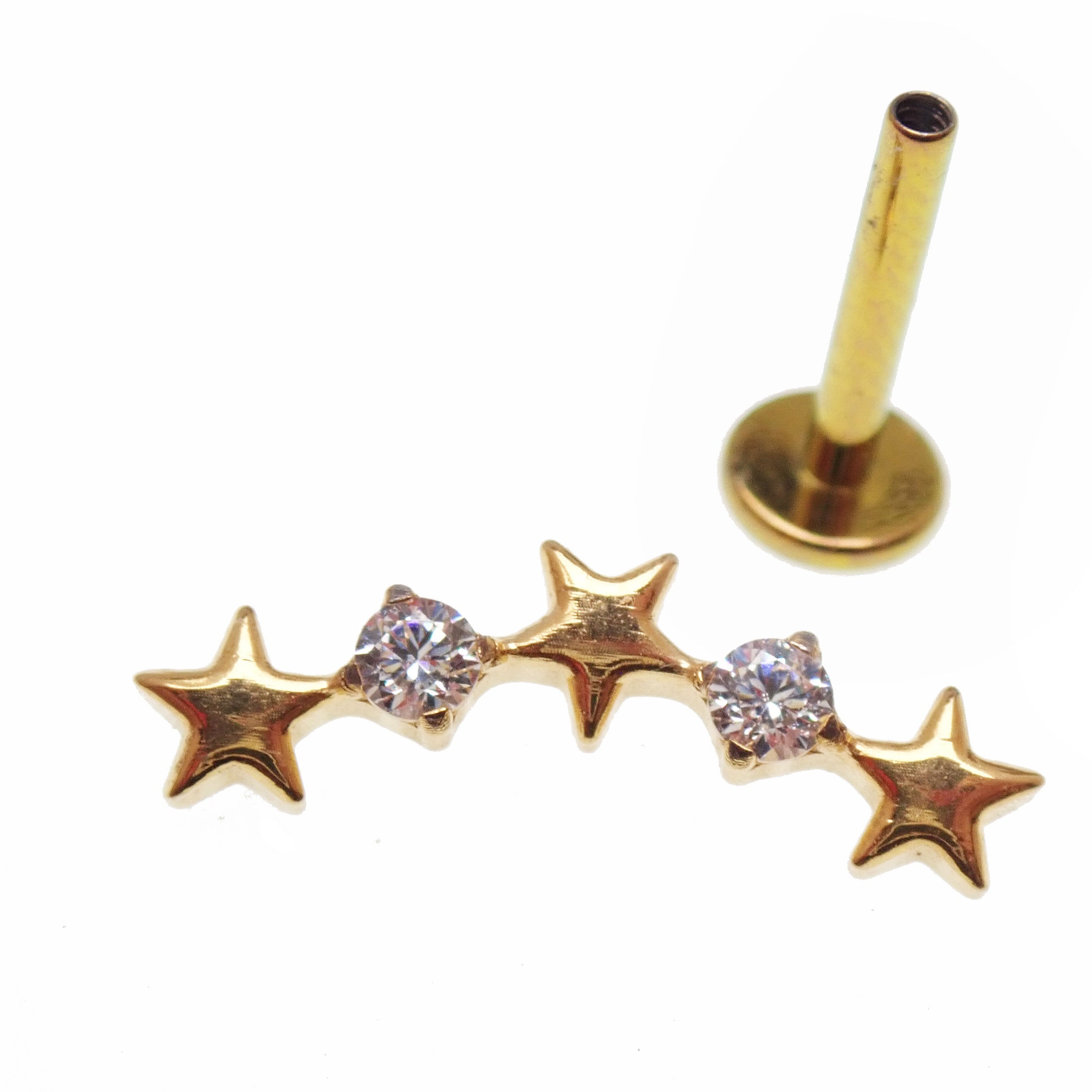 Star CZ PVD gold helix curve titanium flatback labret piercing earring in 14g, 16g, and 18g with a star-shaped CZ design.