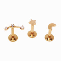 Implant Titanium Gold Moon Star Push Fit Flatbacks, Set of 3 - 20g, 18g, 16g, 14g