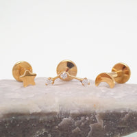Implant Titanium Gold Moon Star Push Fit Flatbacks, Set of 3 - 20g, 18g, 16g, 14g