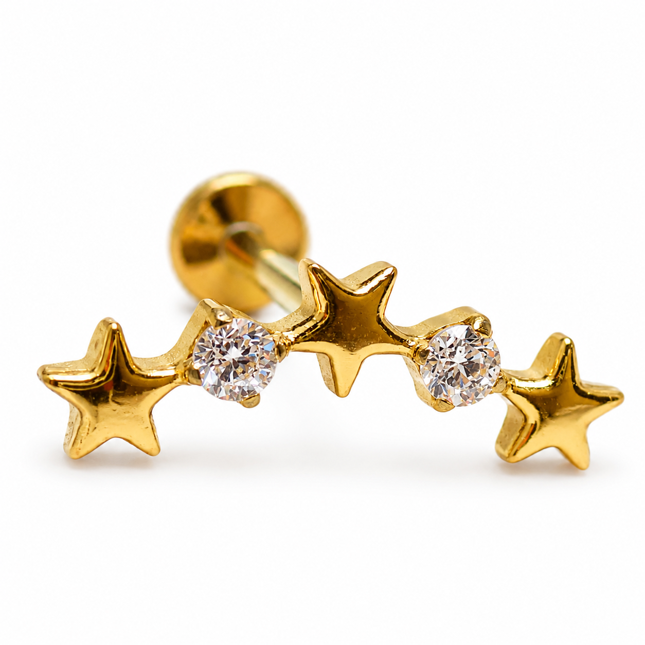 Star CZ PVD gold helix curve titanium flatback labret piercing earrings in 14g, 16g, and 18g with star-shaped CZ stone detail.