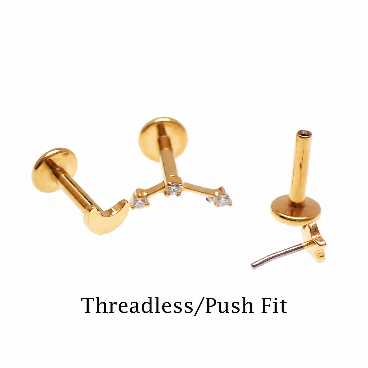 Implant Titanium Gold Moon Star Push Fit Flatbacks, Set of 3 - 20g, 18g, 16g, 14g