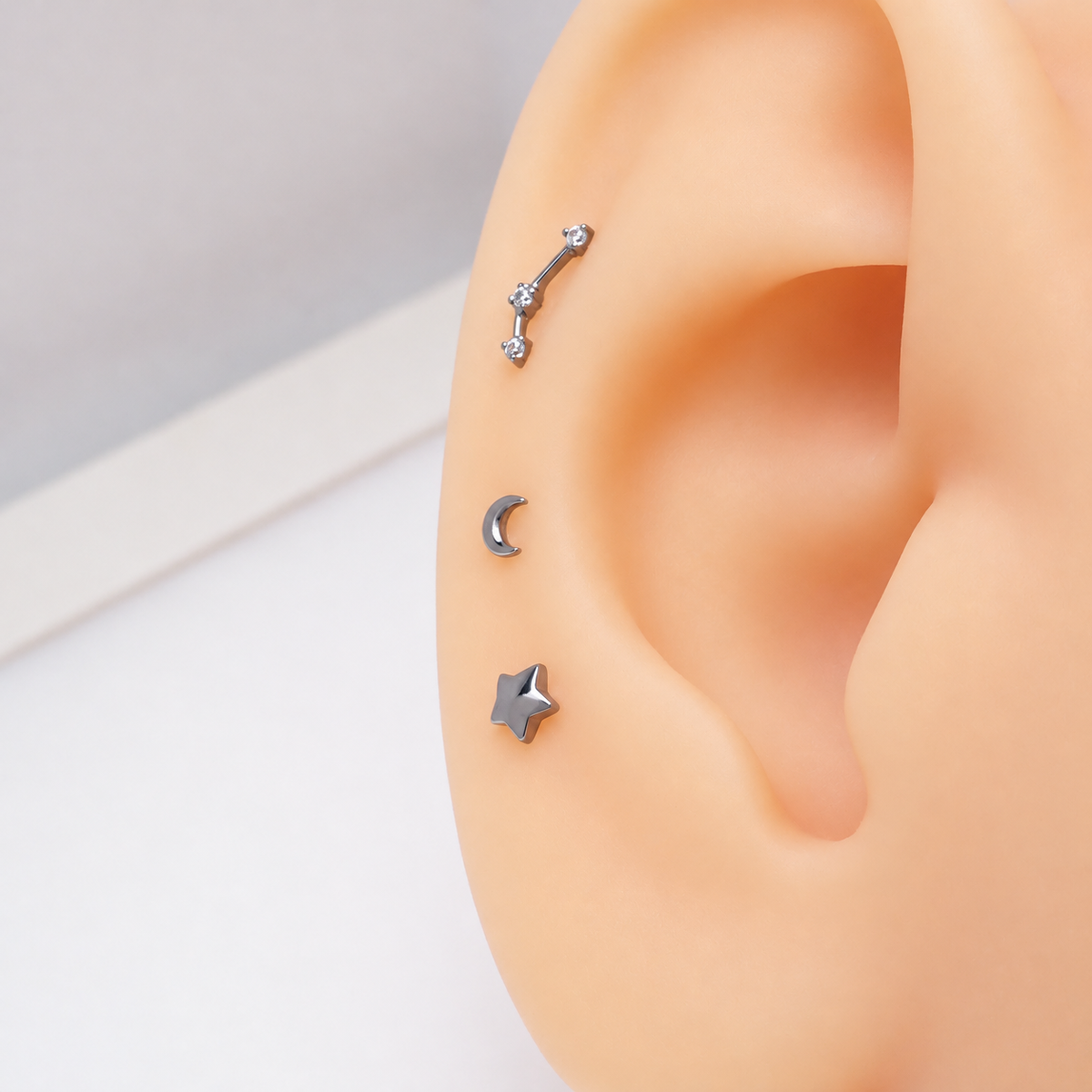 Implant Titanium Moon Star Push Fit Flatbacks, Set of 3 - 20g, 18g, 16g, 14g