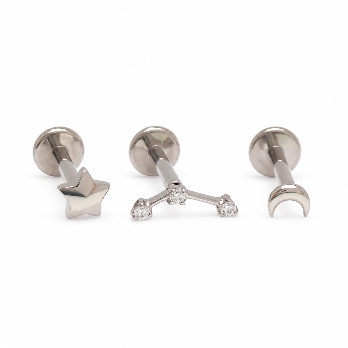 Implant Titanium Moon Star Push Fit Flatbacks, Set of 3 - 20g, 18g, 16g, 14g