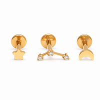 Implant Titanium Gold Moon Star Push Fit Flatbacks, Set of 3 - 20g, 18g, 16g, 14g