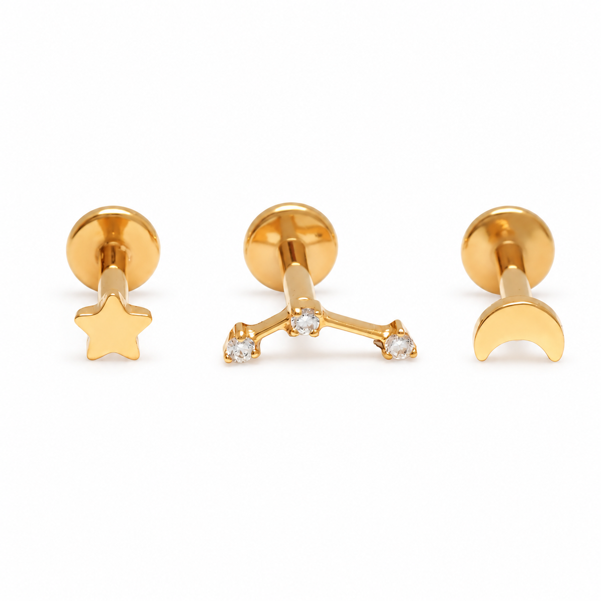 Implant Titanium Gold Moon Star Push Fit Flatbacks, Set of 3 - 20g, 18g, 16g, 14g