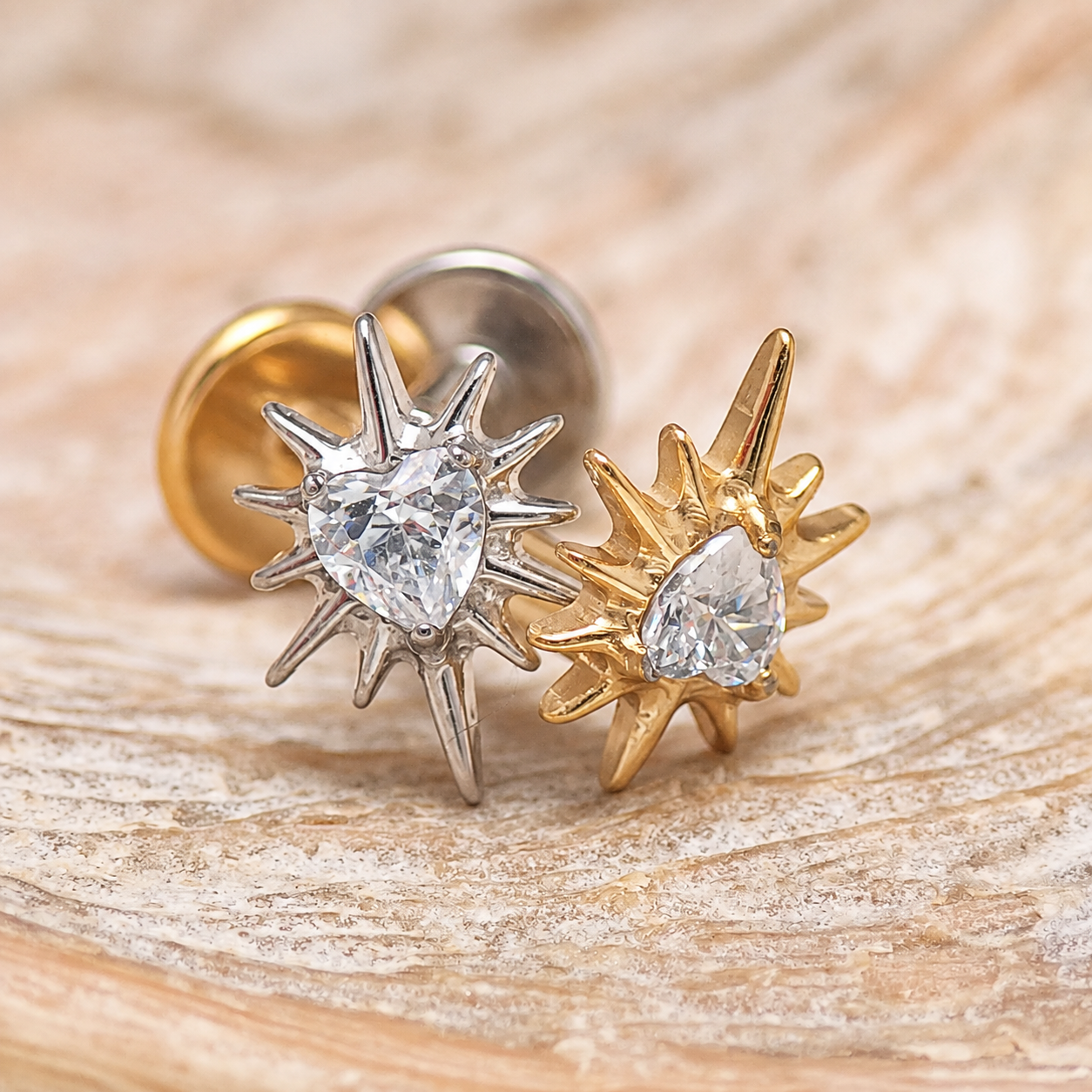 Implant Titanium Starburst Heart CZ Flatback Piercing, Internally Threaded