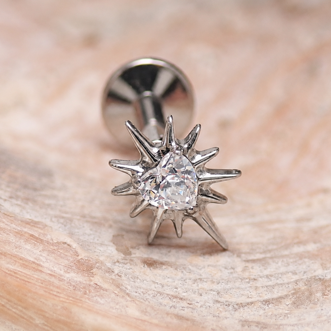Implant Titanium Starburst Heart CZ Flatback Piercing, Internally Threaded