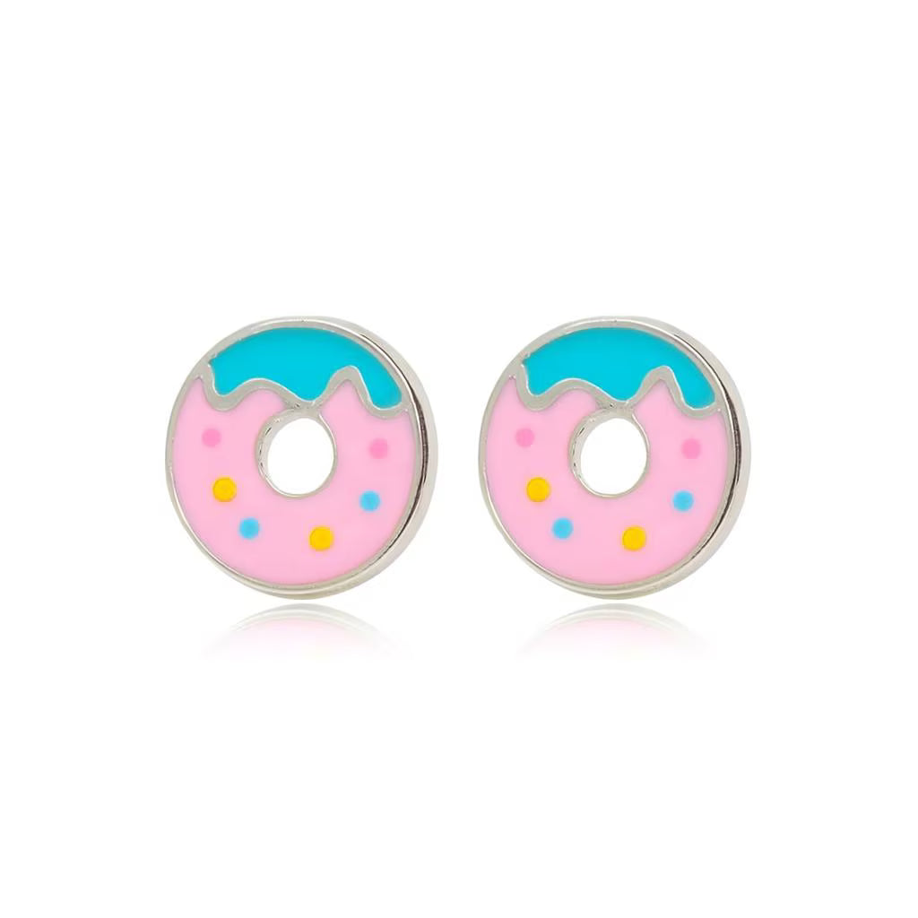 Sterilized titanium earrings featuring pink donut, bear, and heart designs by Body Clickers Body Jewelry