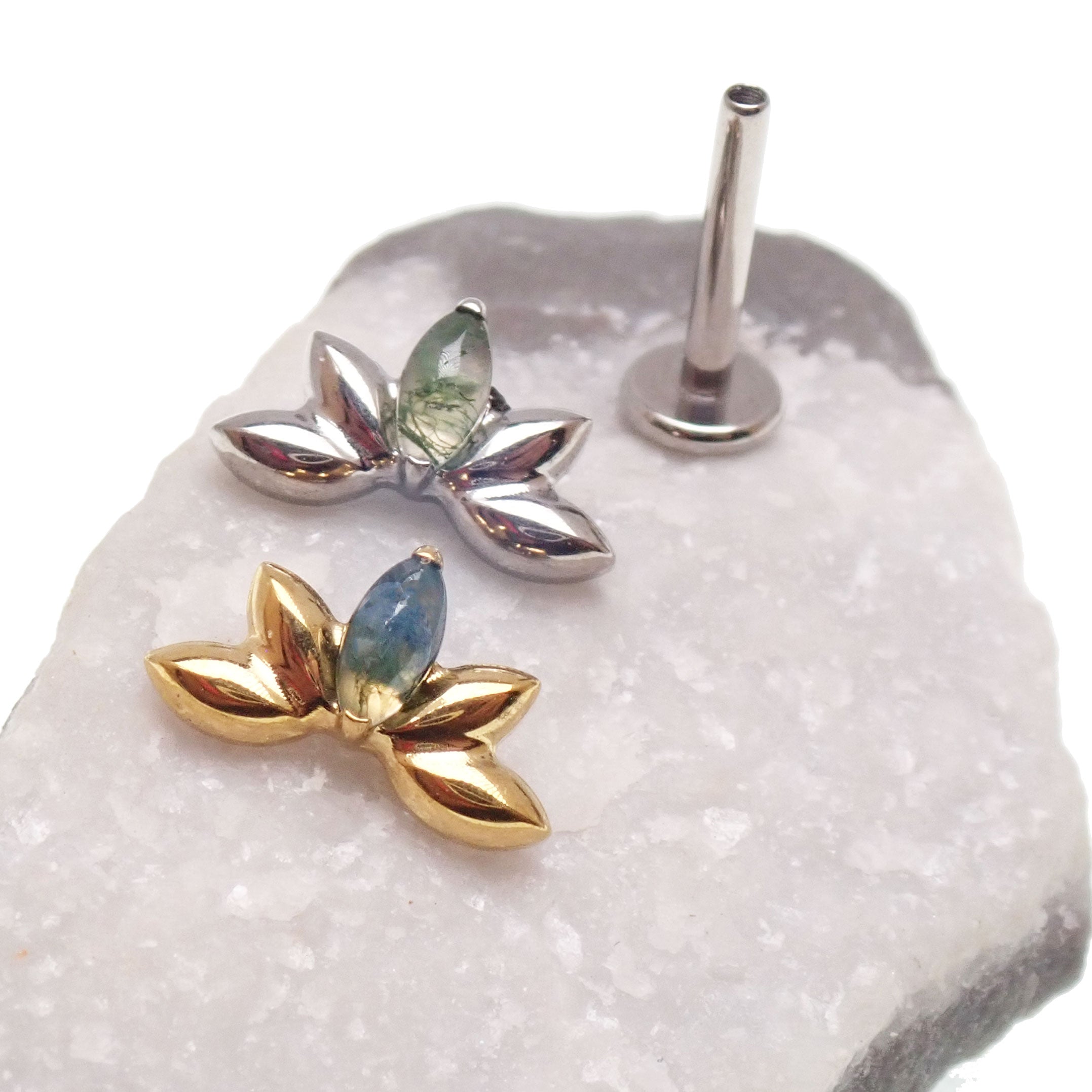 Implant Titanium Moss Agate Flatback Piercing, Internally Threaded 18g, 16g, 14g